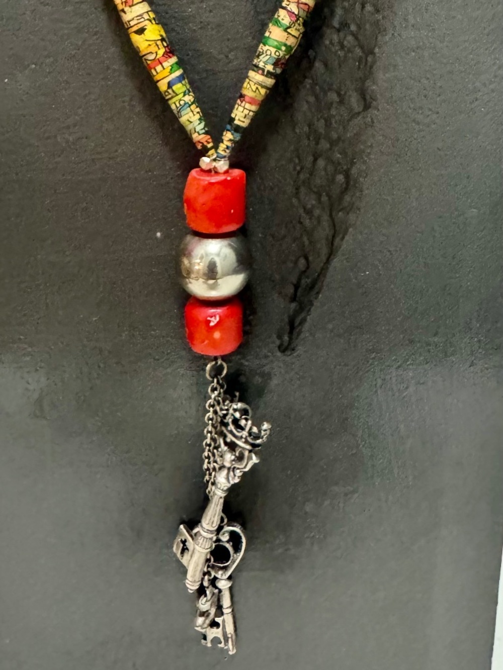 Silver Bead, Coral, Pendant and Anime Paperbeads Necklace